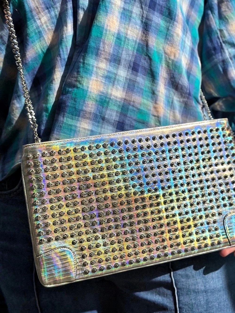 Christian Louboutin Loubiposh Clutch Spiked Holographic Leather Crossbody Bag